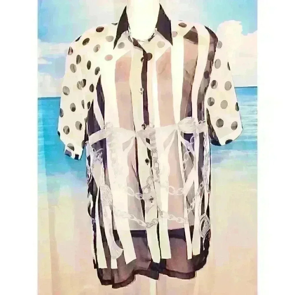 FASHION AGE Woman's SHEER Career Casual Blouse NAVY BLUE & WHITE Button Down Lg